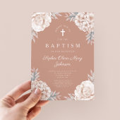 Elegant Floral Peonies Cross Girl Baptisme Kaart