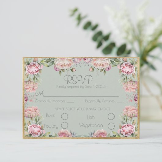 Elegant Floral Peonies Gold Script Weduwschap RSVP (Staand voorkant)