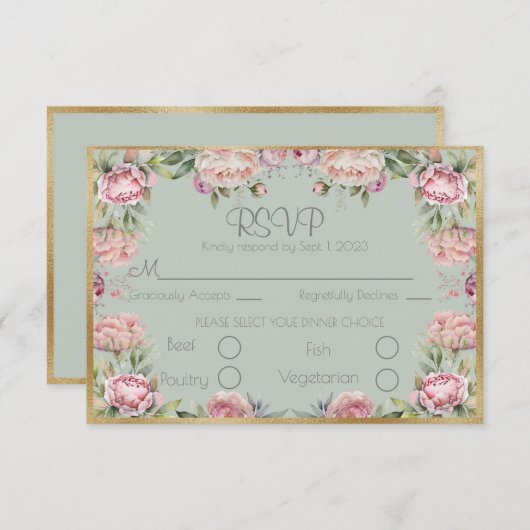 Elegant Floral Peonies Gold Script Weduwschap RSVP (Voorkant / Achterkant)