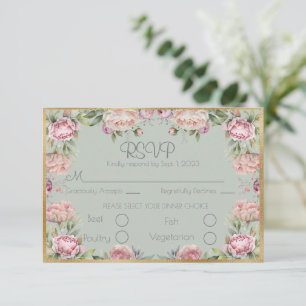 Elegant Floral Peonies Gold Script Weduwschap RSVP Kaartje