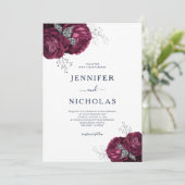 Elegant Floral Peonies Navy Blue Burgundy Wedding Kaart (Staand voorkant)