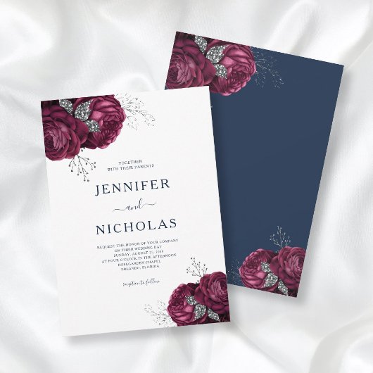 Elegant Floral Peonies Navy Blue Burgundy Wedding Kaart