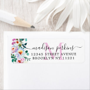 Elegant Floral Peony Blush Pink Script Monogram Etiket