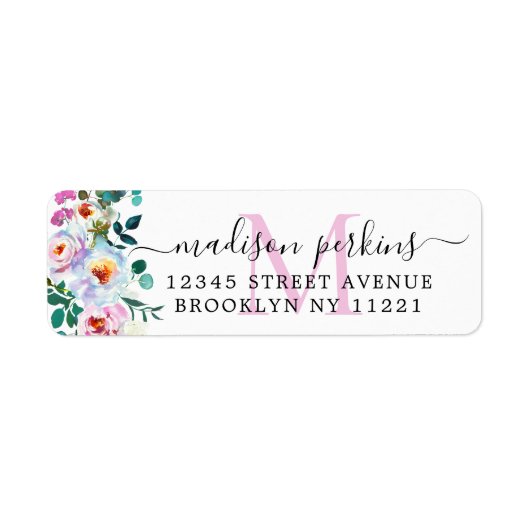 Elegant Floral Peony Blush Pink Script Monogram Etiket (Voorkant)