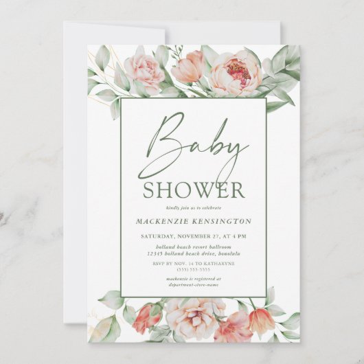 Elegant Floral Peony Greenery Script Baby shower Kaart (Voorkant)