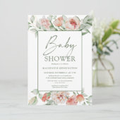 Elegant Floral Peony Greenery Script Baby shower Kaart (Staand voorkant)
