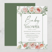 Elegant Floral Peony Greenery Script Baby shower Kaart (Voorkant / Achterkant)