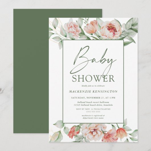 Elegant Floral Peony Greenery Script Baby shower Kaart (Voorkant / Achterkant)