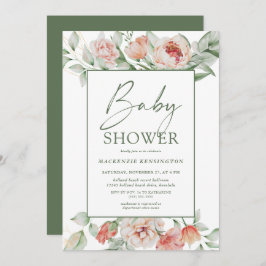 Elegant Floral Peony Greenery Script Baby shower Kaart