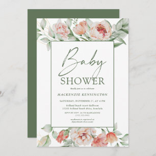Elegant Floral Peony Greenery Script Baby shower Kaart