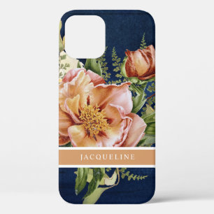 Elegant Floral Peony Pink Burgundy Navy Blue Wood Case-Mate iPhone Case