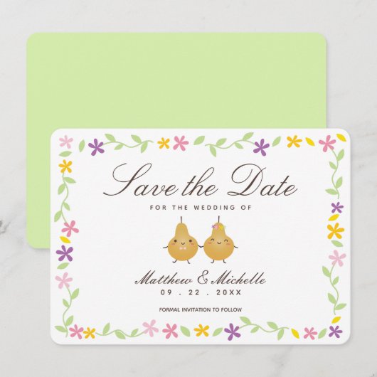 Elegant Floral & Perfect Pear Couple Cute Wedding Save The Date (Voorkant / Achterkant)