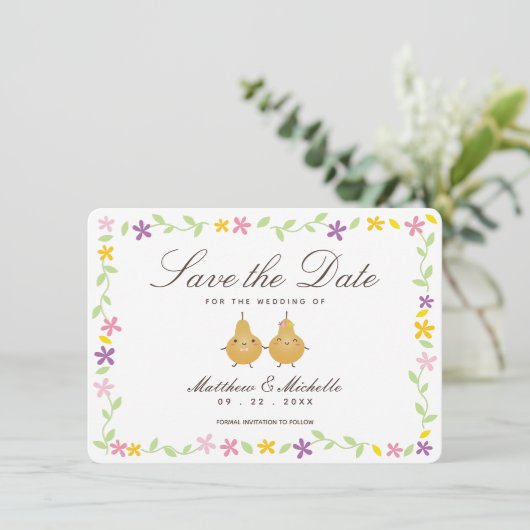 Elegant Floral & Perfect Pear Couple Cute Wedding Save The Date (Staand voorkant)