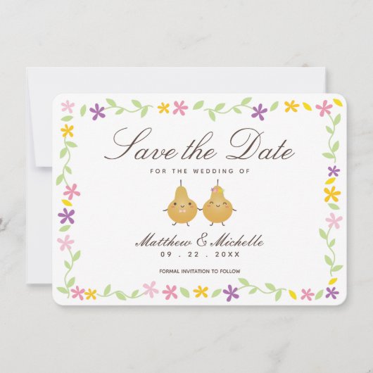 Elegant Floral & Perfect Pear Couple Cute Wedding Save The Date (Voorkant)