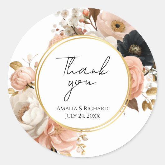 Elegant Floral Personalized “Thank You” Wedding Ronde Sticker (Voorkant)