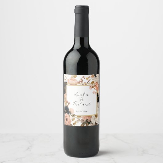 Elegant Floral Personalized Wedding Bottle Labels Wijn Etiket (Voorkant)