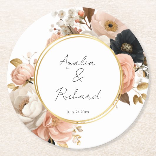 Elegant Floral Personalized Wedding Coasters Ronde Kartonnen Onderzetter (Voorkant)