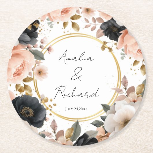 Elegant Floral Personalized Wedding Coasters Ronde Kartonnen Onderzetter (Voorkant)