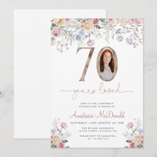 Elegant Floral Photo 70th Birthday Kaart (Voorkant / Achterkant)