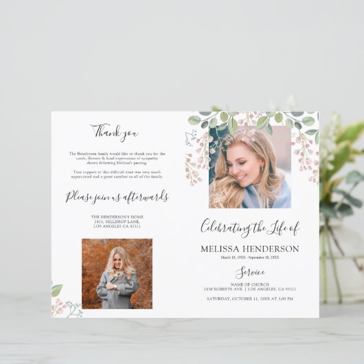 Elegant Floral Photo Funeral | Memorandum (Staand voorkant)