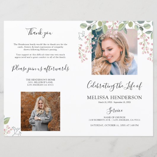 Elegant Floral Photo Funeral | Memorandum (Voorkant)