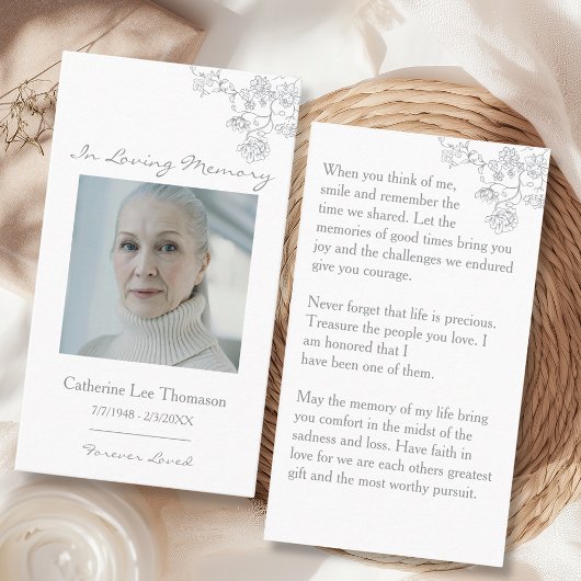 Elegant Floral Photo Funeral Prayer Card Visitekaartje