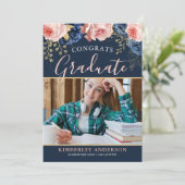 Elegant Floral Photo Graduation Party Kaart (Staand voorkant)