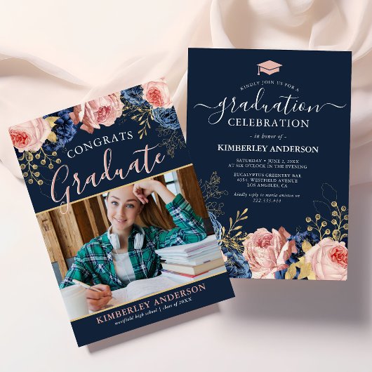 Elegant Floral Photo Graduation Party Kaart