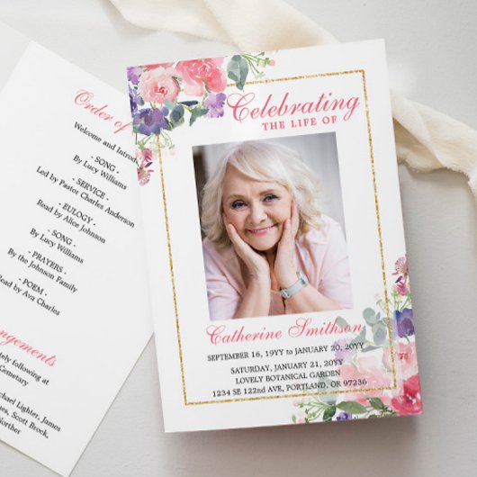 Elegant Floral Photo Memorial Funeral Programme Programma