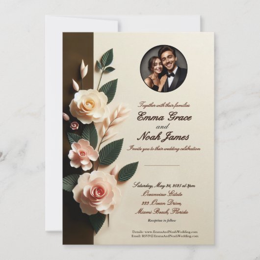 Elegant Floral Photo Wedding Invitation Kaart (Voorkant)