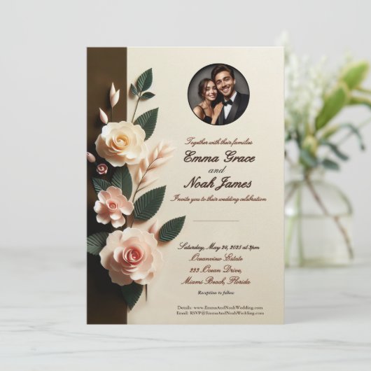 Elegant Floral Photo Wedding Invitation Kaart (Staand voorkant)