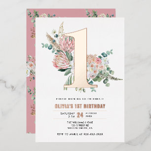 Elegant Floral Pink 1e verjaardag Uitnodiging