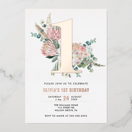 Elegant Floral Pink 1e verjaardag Uitnodiging (Voorkant)