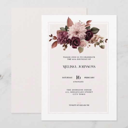 Elegant Floral Pink 60th Birthday Invitation Kaart (Voorkant / Achterkant)