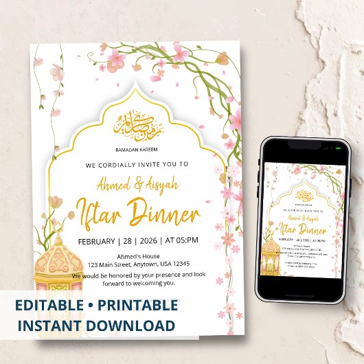 Elegant Floral Pink and Gold Iftar Dinner Ramadan  Kaart
