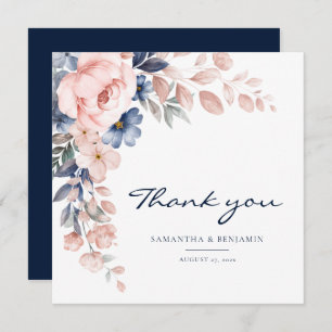 Elegant Floral Pink Blue Waterverf Wedding Bedankkaart