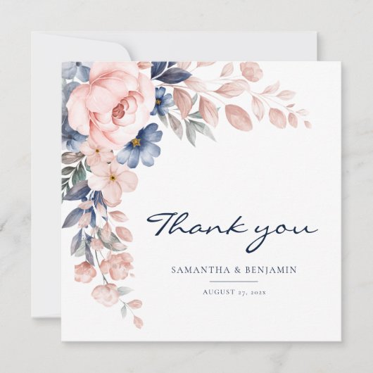 Elegant Floral Pink Blue Waterverf Wedding Bedankkaart (Voorkant)