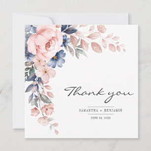 Elegant Floral Pink Blue Waterverf Wedding Bedankkaart