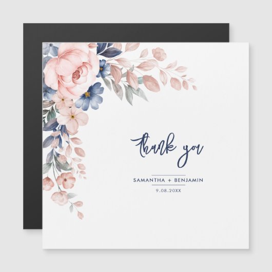 Elegant Floral Pink Blue Wedding Script Hartelijk  (Voorkant / Achterkant)