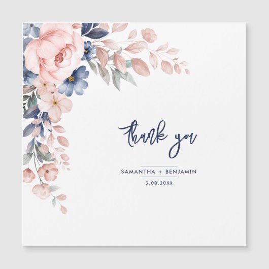 Elegant Floral Pink Blue Wedding Script Hartelijk  (Voorkant)