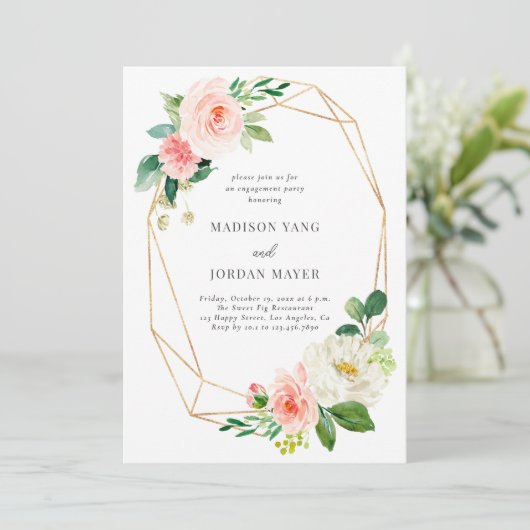 Elegant Floral Pink Blush Script Engagement Party Kaart (Staand voorkant)