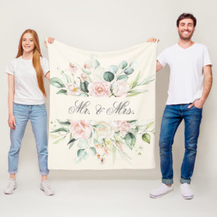 Elegant Floral Pink Blush Waterverf Mr. & Mrs. Fleece Deken