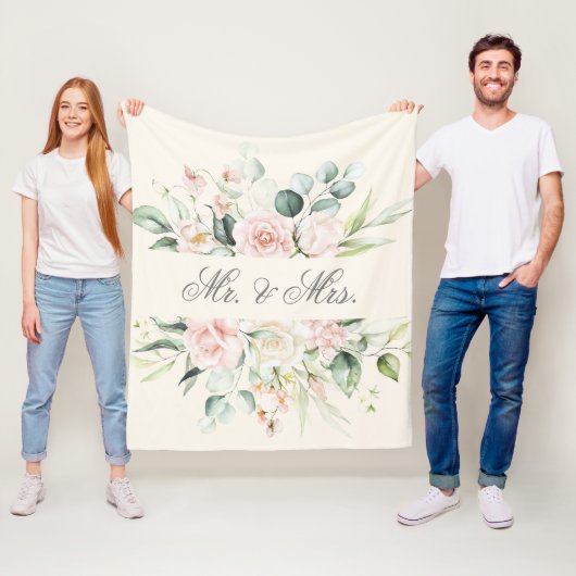 Elegant Floral Pink Blush Waterverf Mr. & Mrs. Fleece Deken (In situ)