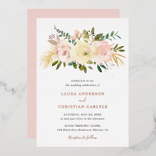 Elegant Floral Pink Blush Weddenschap Roos Gold Folie Uitnodiging (Voorkant / Achterkant)