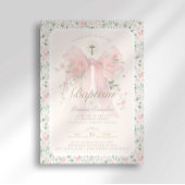 Elegant Floral Pink Bow Baptism Invitation Kaart
