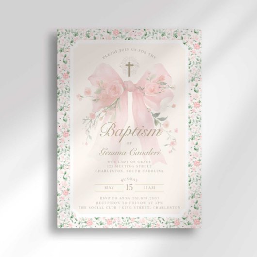 Elegant Floral Pink Bow Baptism Invitation Kaart