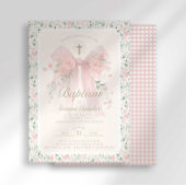 Elegant Floral Pink Bow Baptism Invitation Kaart