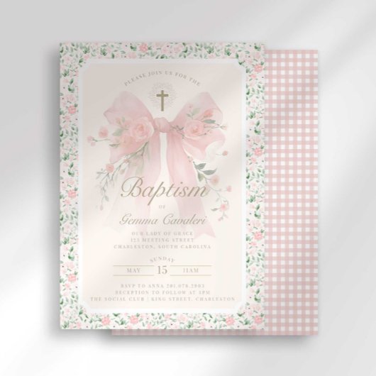Elegant Floral Pink Bow Baptism Invitation Kaart