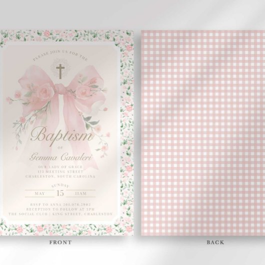 Elegant Floral Pink Bow Baptism Invitation Kaart