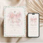Elegant Floral Pink Bow Baptism Invitation Kaart